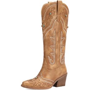 Women's Exquisite Embroidery Western Cowboy Boots with Studs & Emerald Gemstones, Knee High Wide Calf Cowgirl Boots for Fall Fashion in Saudi Arabia