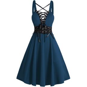 DRESSFO Women's Gothic Cocktail Dress 65s Lace Up Retro Rockabilly Plunging Neck High Waisted A Line Party Swing Dress in Kuwait