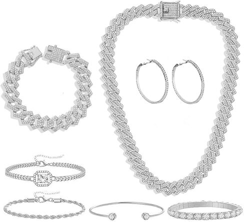 8pcs مجموعة مجوهرات الهيب هوب للنساء - قلادة السلسلة الكوبية ، وسوار راينستون وأقراط ، هدايا المجوهرات الماس الفضية الكاملة للنساء in Kuwait