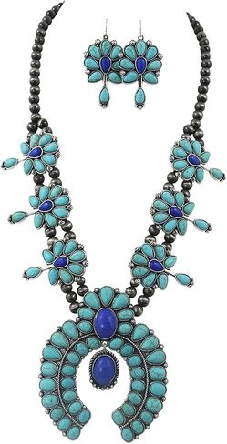 Southwestern Blue Navy howlite Squash Blossom Statement Necklace & Earrings Set in Saudi Arabia