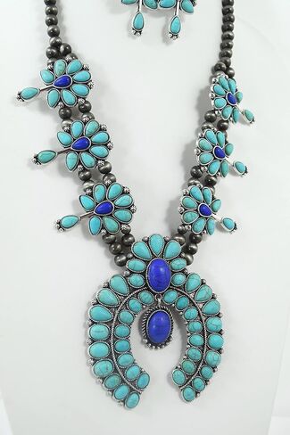 Southwestern Blue Navy howlite Squash Blossom Statement Necklace & Earrings Set in Saudi Arabia