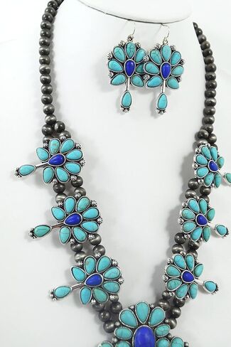 Southwestern Blue Navy howlite Squash Blossom Statement Necklace & Earrings Set in Saudi Arabia