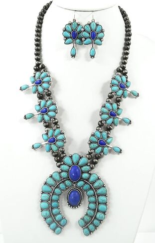 Southwestern Blue Navy howlite Squash Blossom Statement Necklace & Earrings Set in Saudi Arabia