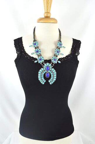 Southwestern Blue Navy howlite Squash Blossom Statement Necklace & Earrings Set in Saudi Arabia