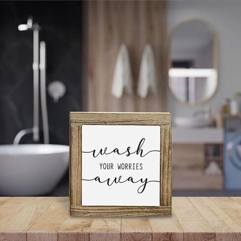 Farmhouse Bathroom Box Box Sign-Gash Works Hours بعيدًا ، ديكور مكتب غرفة الغسيل المضحكة ، ديكور الحمام الملهم ، ديكور غسل المرحاض الأخضر ، ديكورات الطاولة ، 5.9x5.9x0.7inches in Saudi Arabia