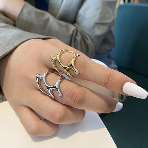 Chunky Openwork Rings Geometric Stacking Irregular Metal Gold Silver Opening Adjustable Ring Minimalist Trend Fashion Style in Saudi Arabia