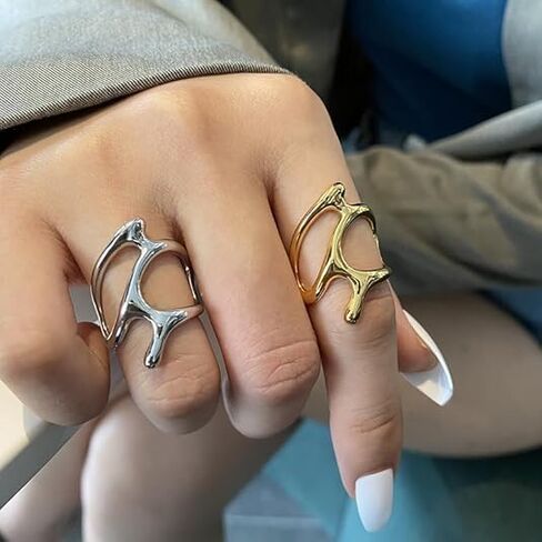Chunky Openwork Rings Geometric Stacking Irregular Metal Gold Silver Opening Adjustable Ring Minimalist Trend Fashion Style in Saudi Arabia