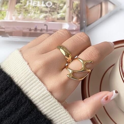 Chunky Openwork Rings Geometric Stacking Irregular Metal Gold Silver Opening Adjustable Ring Minimalist Trend Fashion Style in Saudi Arabia