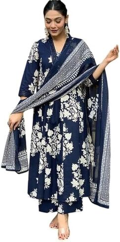 Blue Color Women's Rayon Blend anarkali print kurta with palazzo & dupatta in Saudi Arabia