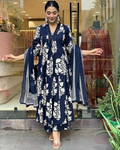 Blue Color Women's Rayon Blend anarkali print kurta with palazzo & dupatta in Saudi Arabia