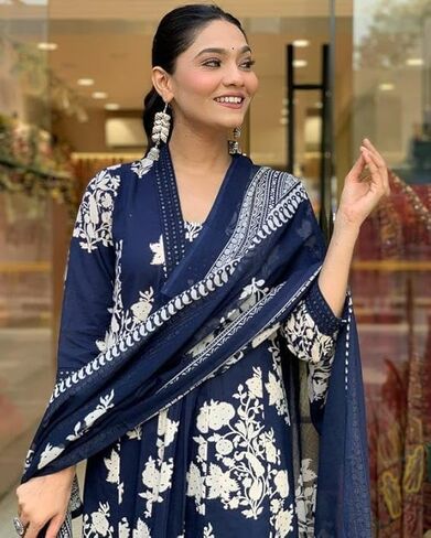 Blue Color Women's Rayon Blend anarkali print kurta with palazzo & dupatta in Saudi Arabia