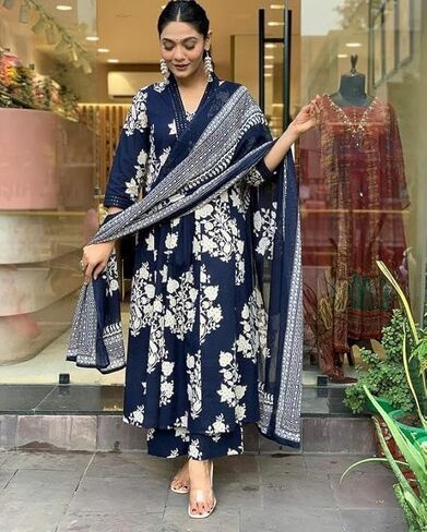 Blue Color Women's Rayon Blend anarkali print kurta with palazzo & dupatta in Saudi Arabia