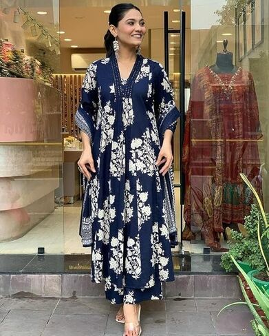 Blue Color Women's Rayon Blend anarkali print kurta with palazzo & dupatta in Saudi Arabia