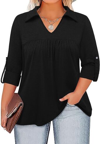 Siddhe Plus Size Tops for Women Collared V Neck Fall Shirts 3/4 Sleeve Blouses T Shirt Dressy Casual Pleated Tunic Tops 1X-5X in Kuwait
