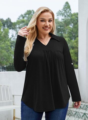 Siddhe Plus Size Tops for Women Collared V Neck Fall Shirts 3/4 Sleeve Blouses T Shirt Dressy Casual Pleated Tunic Tops 1X-5X in Kuwait