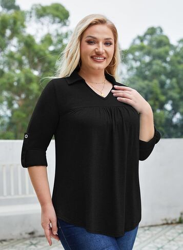 Siddhe Plus Size Tops for Women Collared V Neck Fall Shirts 3/4 Sleeve Blouses T Shirt Dressy Casual Pleated Tunic Tops 1X-5X in Kuwait
