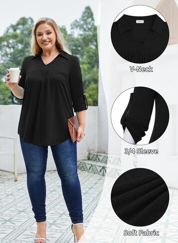 Siddhe Plus Size Tops for Women Collared V Neck Fall Shirts 3/4 Sleeve Blouses T Shirt Dressy Casual Pleated Tunic Tops 1X-5X in Kuwait