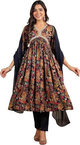 Janasya Indian Women's Black Anarkali Flowy Flared Printed Kurta Kurti Top Tunic Party Form in Saudi Arabia