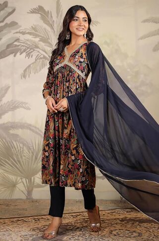 Janasya Indian Women's Black Anarkali Flowy Flared Printed Kurta Kurti Top Tunic Party Form in Saudi Arabia