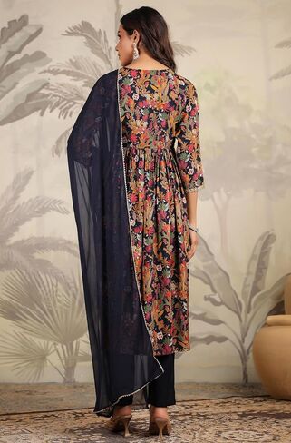 Janasya Indian Women's Black Anarkali Flowy Flared Printed Kurta Kurti Top Tunic Party Form in Saudi Arabia