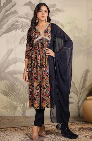 Janasya Indian Women's Black Anarkali Flowy Flared Printed Kurta Kurti Top Tunic Party Form in Saudi Arabia