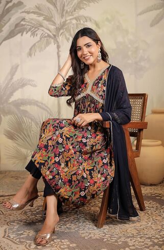 Janasya Indian Women's Black Anarkali Flowy Flared Printed Kurta Kurti Top Tunic Party Form in Saudi Arabia