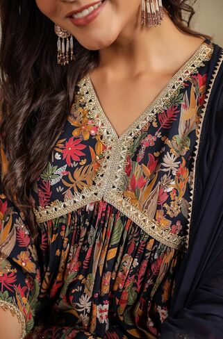 Janasya Indian Women's Black Anarkali Flowy Flared Printed Kurta Kurti Top Tunic Party Form in Saudi Arabia