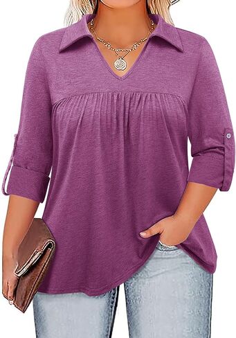 Siddhe Plus Size Tops for Women Collared V Neck Fall Shirts 3/4 Sleeve Blouses T Shirt Dressy Casual Pleated Tunic Tops 1X-5X in Kuwait