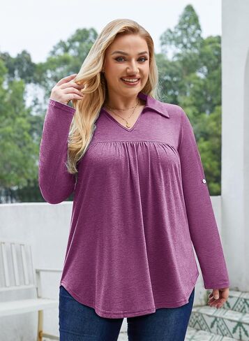 Siddhe Plus Size Tops for Women Collared V Neck Fall Shirts 3/4 Sleeve Blouses T Shirt Dressy Casual Pleated Tunic Tops 1X-5X in Kuwait