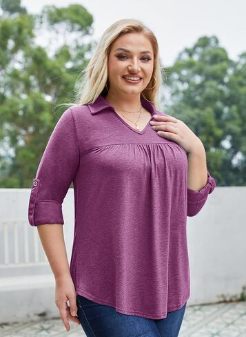 Siddhe Plus Size Tops for Women Collared V Neck Fall Shirts 3/4 Sleeve Blouses T Shirt Dressy Casual Pleated Tunic Tops 1X-5X in Kuwait