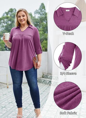 Siddhe Plus Size Tops for Women Collared V Neck Fall Shirts 3/4 Sleeve Blouses T Shirt Dressy Casual Pleated Tunic Tops 1X-5X in Kuwait