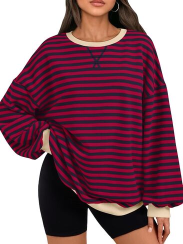 العصرية الملكة المتضخم البلوز للنساء 2024 الخريف Crewneck مخطط كم طويل قمصان هوديس Preppy أعلى Y2K وتتسابق SEBrownWhite S in Kuwait