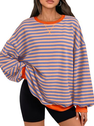 Trendy Queen Oversized Sweatshirt for Women 2024 Fall Crewneck Striped Long Sleeve Shirts Hoodies Preppy Top Y2K Outfits SEBrownWhite S in Kuwait