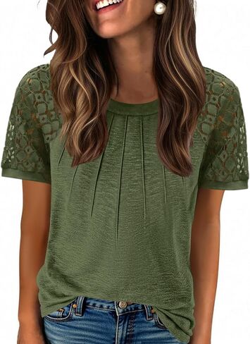 Zeagoo Womens Lace Short Sleeve Shirts Summer Tops Dressy Casual Tshirts Fashion Blouses Trendy Vacation Pleated Tees in Kuwait