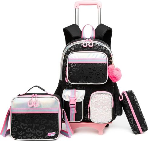 Rolling Backpack for Girls with Wheels Backpack for School Kids Backpack for Girls Primary School Elementary Students with Lunch Bag Pencil Case in Kuwait