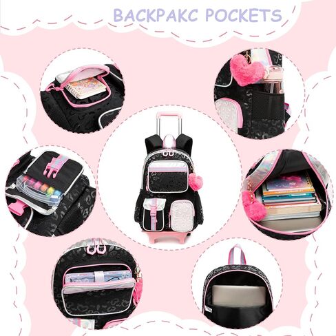 Rolling Backpack for Girls with Wheels Backpack for School Kids Backpack for Girls Primary School Elementary Students with Lunch Bag Pencil Case in Kuwait