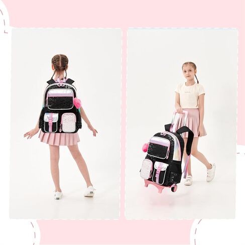 Rolling Backpack for Girls with Wheels Backpack for School Kids Backpack for Girls Primary School Elementary Students with Lunch Bag Pencil Case in Kuwait