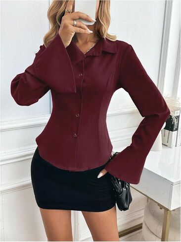 Gorglitter Women's Bell Sleeve Button Up Stirt Lace Up Tie Back Work Office Offices Business Corporate Outfits 2025 in Saudi Arabia
