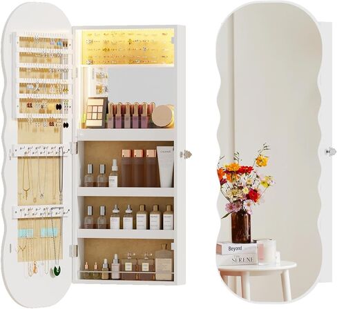 Lvifur LED Mirror Jewelry Cabinet - with RGB lights,Lockable Wall/Door Mounted Full Length Mirror with Storage,Hanging Jewelry Organizer-2 Drawers,Foldable Shelf,Built-in Lighted Mirror(White) in Kuwait