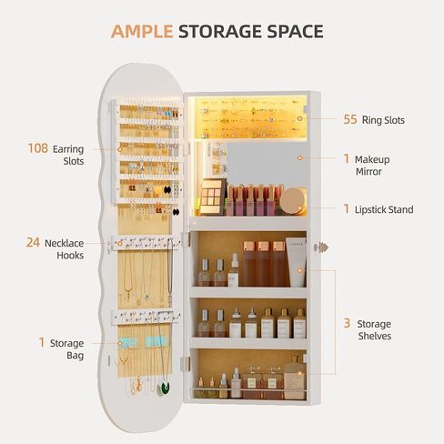 Lvifur LED Mirror Jewelry Cabinet - with RGB lights,Lockable Wall/Door Mounted Full Length Mirror with Storage,Hanging Jewelry Organizer-2 Drawers,Foldable Shelf,Built-in Lighted Mirror(White) in Kuwait