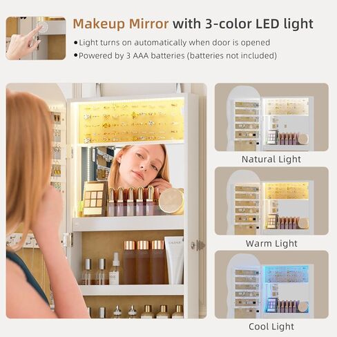 Lvifur LED Mirror Jewelry Cabinet - with RGB lights,Lockable Wall/Door Mounted Full Length Mirror with Storage,Hanging Jewelry Organizer-2 Drawers,Foldable Shelf,Built-in Lighted Mirror(White) in Kuwait