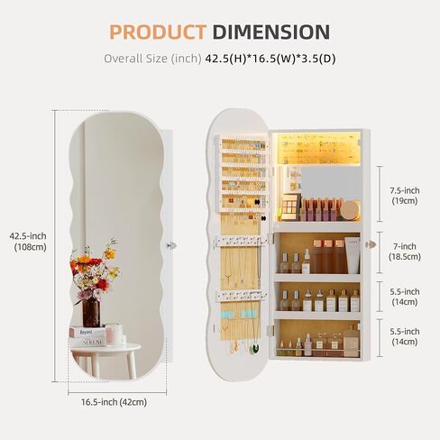 Lvifur LED Mirror Jewelry Cabinet - with RGB lights,Lockable Wall/Door Mounted Full Length Mirror with Storage,Hanging Jewelry Organizer-2 Drawers,Foldable Shelf,Built-in Lighted Mirror(White) in Kuwait