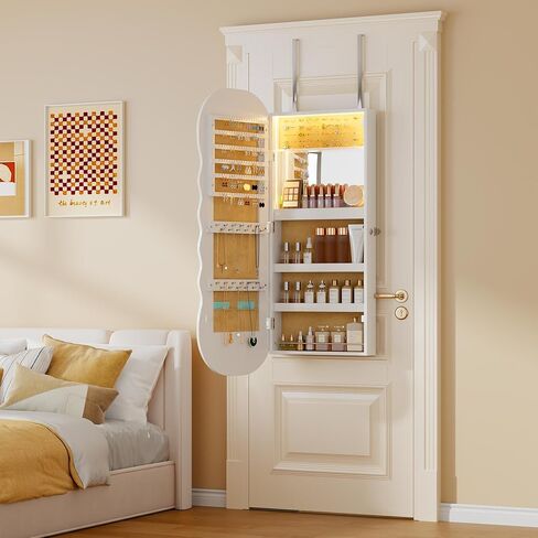 Lvifur LED Mirror Jewelry Cabinet - with RGB lights,Lockable Wall/Door Mounted Full Length Mirror with Storage,Hanging Jewelry Organizer-2 Drawers,Foldable Shelf,Built-in Lighted Mirror(White) in Kuwait