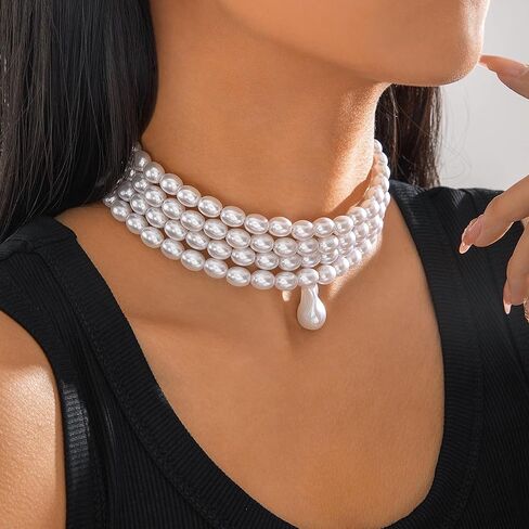 Vintage Pearl Choker Necklace for Women Elegant Multi-layered Pearl Pendant Necklace Irregular Wedding Bridal Necklace Retro Wedding Party Ball Costume Jewelry in Saudi Arabia