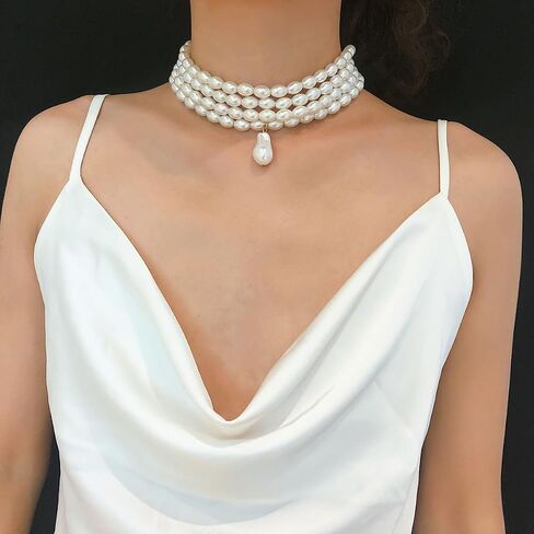 Vintage Pearl Choker Necklace for Women Elegant Multi-layered Pearl Pendant Necklace Irregular Wedding Bridal Necklace Retro Wedding Party Ball Costume Jewelry in Saudi Arabia