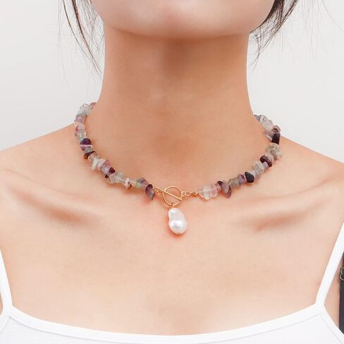 Bohemian Stone Pearl Choker Necklace for Women Dainty Natural Irregular Stone Choker Turquoise Beaded Lariat Necklace Simple Fashion OT Toggle Spiritual Handmade Jewelry in Saudi Arabia