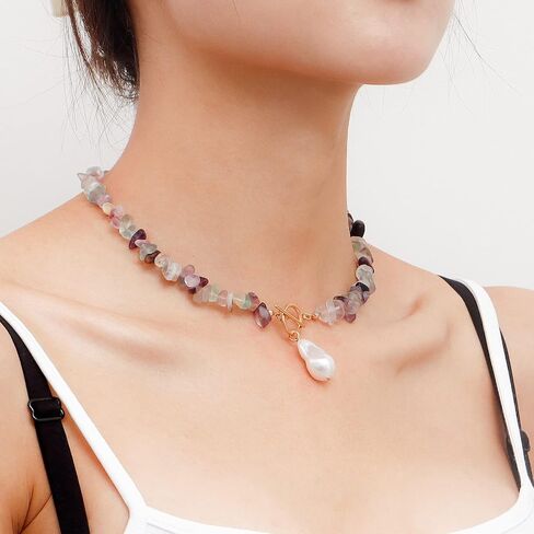 Bohemian Stone Pearl Choker Necklace for Women Dainty Natural Irregular Stone Choker Turquoise Beaded Lariat Necklace Simple Fashion OT Toggle Spiritual Handmade Jewelry in Saudi Arabia