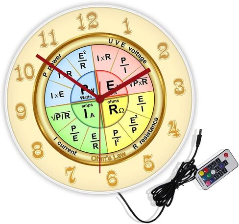 تنبيهات المهووسية OHM's Law's Electric Display Sign Wall Clock Physics موضوع تعليمي 12 بوصة على مدار الساعة الحائط مضيئة مع التحكم عن بعد 7 لون لون لورتي مدرسية فيزيائي هدية فيزيائي in Kuwait