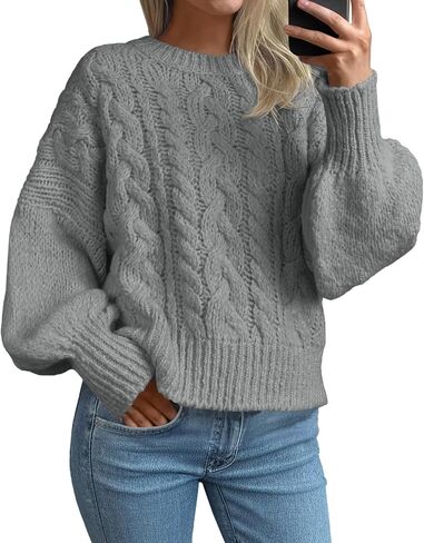 Saodimallsu Womens Cable Knit Sweaters Chunky Crew Neck Long Lantern Sleeve Casual Loose Fit Fall Trendy Pullover Tops in Saudi Arabia