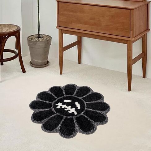 Trippy Flower Rug Cute Ghost Face Bathroom Rug Horror Goth Non-Slip Shower Floor Mats Soft Plush Bedroom Aesthetic Decor Carpet Washable Door Mat for Kitchen Entryway (Black,2 x 2FT) in Saudi Arabia